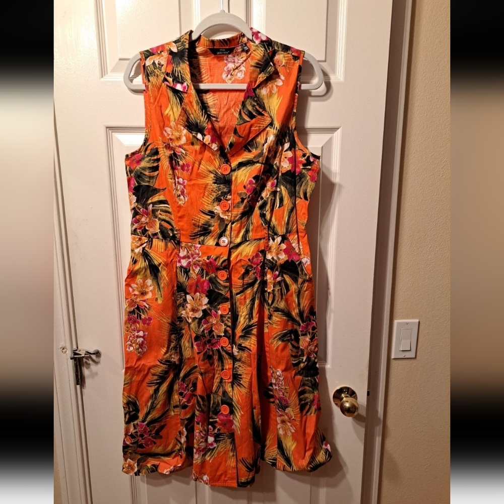 Mlle Gabrielle Orange Tropical Print Sleeveless Button Down Dress